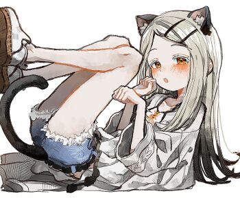 1girl :o animal_ear_fluff animal_ears belt black_belt black_hair blonde_hair blush camisole cat_ears cat_girl cat_tail collarbone colored_eyelashes crosshatching denim denim_shorts extra_ears flipped_hair gakuen_idolmaster gradient_hair hair_ornament hairclip hands_up hashtag-only_commentary hatching_(texture) highres idolmaster legs_up linear_hatching long_hair long_sleeves looking_at_viewer lying multicolored_hair on_back open_mouth orange_eyes orange_ribbon parallel_hairclips parted_bangs paw_pose raguno ribbon robe shinosawa_hiro shoes short_shorts shorts simple_background solo tail watermark white_background white_camisole white_robe white_shoes wide_sleeves