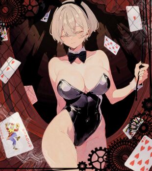 Rule 34 | 1girl, ace (playing card), alt text, black leotard, black nails, blonde hair, breasts, card, cleavage, closed eyes, closed mouth, commentary request, earrings, gears, highres, jewelry, joker (playing card), king (playing card), large breasts, leotard, light smile, noah 200313, original, playboy bunny, playing card, short hair, solo, strapless, strapless leotard, stud earrings, white wrist cuffs, wrist cuffs