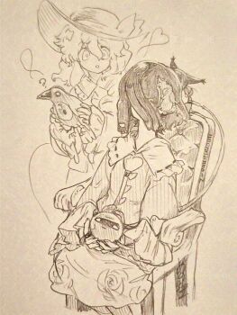 2girls absurdres animal animal_on_face animalization artist_name bird buttons cat chair collared_shirt commentary_request diamond_button eyeball floral_print frilled_shirt_collar frilled_sleeves frills hair_ornament hat hat_ribbon heart heart_button heart_hair_ornament heart_of_string highres holding holding_animal kaenbyou_rin kaenbyou_rin_(cat) komeiji_koishi komeiji_satori long_sleeves menotama multiple_girls on_chair print_skirt reiuji_utsuho reiuji_utsuho_(bird) ribbon ribbon-trimmed_collar ribbon_trim rose_print shirt siblings signature sisters sitting skirt third_eye touhou wide_sleeves