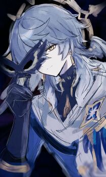 Rule 34 | 1boy, bird mask, black gloves, blue pupils, gloves, grey hair, halo, halo behind head, head wings, holding, holding mask, honkai: star rail, honkai (series), hood, male focus, mask, medium hair, mochiumai29, multiple wings, one eye covered, solo, star (symbol), sunday (honkai: star rail), twitter username, upper body, wings, yellow eyes