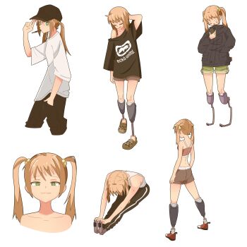 1girl absurdres amputee arm_behind_head baseball_cap black_jacket brown_hair closed_mouth double_amputee exercising full_body green_eyes hair_ornament hat highres ibarazaki_emi jacket katawa_shoujo legless_amputee looking_at_viewer multiple_views open_mouth prosthesis prosthetic_leg shirt simple_background standing twintails white_background white_shirt zlix0n
