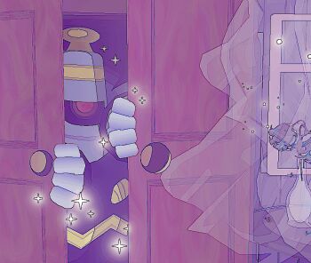 3d alternate_color animal_focus animated animated_gif blender_(medium) closet commentary curtains dusclops english_commentary gen_3_pokemon indoors kcamberart low_poly nintendo no_humans outdoors peeking_out pokemon pokemon_(creature) red_eyes shiny_pokemon solo sparkle table through_door vase