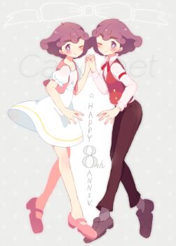 2girls 33lol anniversary blush bright_pupils brown_pants brown_shoes burgundy_(pokemon) character_name closed_mouth commentary_request dress dual_persona english_text full_body grey_socks holding_hands long_sleeves looking_at_viewer multiple_girls neck_ribbon nintendo official_alternate_costume one_eye_closed open_clothes open_vest pants pink_shoes pink_vest pokemon pokemon_(anime) pokemon_bw_(anime) purple_eyes purple_hair red_ribbon red_vest ribbon shirt shoes short_hair short_sleeves smile socks star_(symbol) thick_eyebrows vest white_dress white_pupils white_shirt