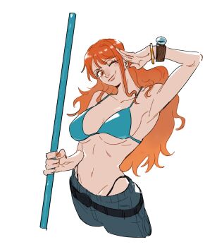 1girl armpits bangle bare_shoulders belt bikini bikini_top_only blue_bikini blue_pants bracelet breasts clima-tact closed_mouth collarbone commentary cowboy_shot cropped_legs denim earrings eyelashes groin hand_up highleg highleg_bikini highres holding holding_staff jeans jewelry large_breasts log_pose long_hair looking_at_viewer mcbuckwheat nami_(one_piece) navel one_eye_closed one_piece orange_eyes orange_hair orange_nails pants salute single_sidelock smile solo staff stomach swimsuit symbol-only_commentary wavy_hair white_background
