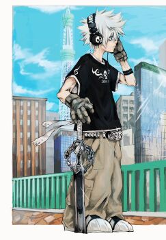 1boy arm_tattoo baggy_pants belt belt_buckle black_shirt blue_eyes bridge brown_pants buckle cargo_pants city closed_mouth from_side gloves grey_gloves hands_on_headphones headphones highres holding holding_sword holding_weapon male_focus mall_goth nu_punxxxz original pants planted planted_sword planted_weapon print_shirt shirt shoes short_hair skull_print sneakers solo sparkle spiked_hair studded_belt sword tattoo weapon white_hair white_trim