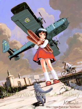 1boy 1girl aircraft airplane animal artist_name bad_id baguette bicycle bicycle_helmet biplane black_cat black_eyes black_hair blue_sky bread bridge cat closed_mouth cloud commentary dress flying food from_below full_body helmet holding_bread layered_dress leg_warmers looking_to_the_side original outdoors pinafore_dress propeller red_dress red_shoes shirt shoes short_hair signature sky sleeveless sleeveless_dress solo_focus standing tsuzuki_kazuhiko turning_head watermark web_address white_leg_warmers white_shirt wooden_bridge