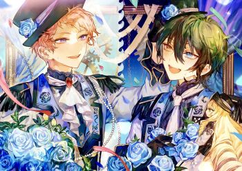 2boys amanemio2 beads black_hat blonde_hair blue_eyes blue_flower blue_rose bouquet chain commentary ensemble_stars! floral_print flower gears green_hair hair_between_eyes hand_on_another's_head hat holding holding_bouquet human_comedy_(ensemble_stars!) itsuki_shu kagehira_mika lapels long_hair long_sleeves looking_at_another mademoiselle_(ensemble_stars!) male_focus multiple_boys necktie notched_lapels official_alternate_costume open_mouth picture_frame pink_hair pink_ribbon purple_eyes ribbon rose short_bangs short_hair smile sweat symbol-only_commentary teeth upper_body valkyrie_(ensemble_stars!) yellow_eyes yellow_flower