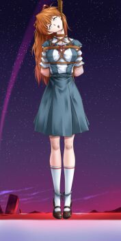 1girl absurdres arms_behind_back artist_request asphyxiation blue_eyes breasts breasts_squeezed_together brown_hair full_body hair_ornament highres interface_headset_(evangelion) long_hair neon_genesis_evangelion outdoors pain restrained rolling_eyes shibari shirt simple_background skin_tight skirt sky solo souryuu_asuka_langley suspender_skirt suspenders the_end_of_evangelion tongue tongue_out torture two_side_up very_long_hair white_shirt wide_hips