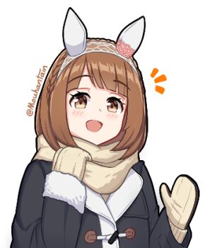 1girl :d animal_ears black_coat blush bow braid brown_eyes brown_hair brown_mittens brown_scarf coat crown_braid ear_covers hairband horse_ears horse_girl horse_tail looking_at_viewer lowres mittens mouhantain notice_lines open_mouth scarf short_hair smile snow_rabbit solo tail umamusume upper_body white_hairband yukino_bijin_(umamusume)