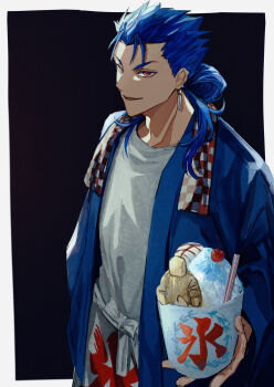 1boy absurdres adam's_apple black_background blue_hair border commentary_request cu_chulainn_(fate) cu_chulainn_(fate/stay_night) cu_chulainn_(lancer)_(fate) earrings fate_(series) food highres holding jewelry long_hair long_sleeves looking_at_viewer male_focus open_mouth ponytail red_eyes shaved_ice shirt solo umeboitarou white_border white_shirt