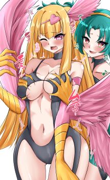 Rule 34 | 2girls, absurdres, animal hands, black bodysuit, blonde hair, blush, bodysuit, breasts, brown eyes, cleavage, clothing cutout, cowboy shot, duel monster, feathered wings, grabbing another's breast, grabbing from behind, green hair, groping, harpie carla, harpie girl (yu-gi-oh!), heart, highres, large breasts, long hair, multiple girls, musical note, navel, one eye closed, parted lips, pink eyes, smile, sound effects, stomach cutout, winged arms, wings, ya-man, yu-gi-oh!, yu-gi-oh! rush duel, yuri