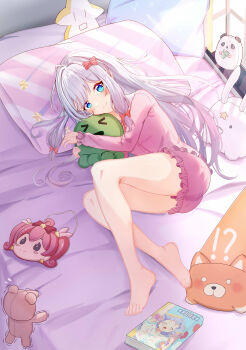 !? &gt;_&lt; 1girl ^_^ absurdres arm_up ass bare_legs barefoot blue_eyes blush book bow character_print clenched_hand closed_eyes closed_mouth commentary day dutch_angle eromanga_sensei feet frilled_pajamas frilled_sleeves frills from_above full_body grey_hair hair_bow hair_intakes hair_spread_out happy head_on_pillow highres hugging_object indoors izumi_sagiri legs long_hair long_sleeves looking_at_viewer low-tied_long_hair lying mask on_bed on_side open_mouth pajamas pillow pink_bow pink_pajamas sidelighting sidelocks smile solo split_mouth star_(symbol) stuffed_animal stuffed_toy sunlight teddy_bear thighs toenails toes unworn_mask user_kwut4882 very_long_hair window
