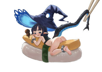 1girl absurdres anus black_hair blue_eyes blush bottle bottomless chopsticks cleft_of_venus commentary commission cuffs dog_loli drooling english_commentary food from_side full_body hat highres lizard_tail loli lying mini_person minigirl mouth_drool on_food on_stomach open_mouth original oversized_hat pointy_ears pussy sake_bottle shackles sushi tail tail_raised uncensored white_background witch_hat