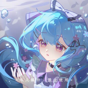 Rule 34 | 1girl, belt collar, blue hair, bow, bubble, collar, eyelashes, flower, frills, hair between eyes, hair bow, hair ornament, hairpin, liu letian, long hair, neckerchief, open hands, original, parted lips, purple bow, purple eyes, purple flower, purple neckerchief, sidelocks, solo, square, underwater, upper body