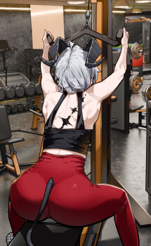 1girl absurdres ahoge alternate_costume arms_up ass bare_shoulders black_horns black_shirt black_tail commentary curled_horns demon_tail dumbbell english_commentary exercise_machine exercising from_behind grey_hair gym highres horns indoors long_hair median_furrow pants red_pants ryeon_(naturesan) shirt solo tacet_mark_(wuthering_waves) tail toned toned_female wuthering_waves yoga_pants zani_(wuthering_waves)