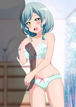Rule 34 | 1girl, 1other, absurdres, aqua bra, aqua hair, aqua panties, arm grab, bang dream!, bow, bow bra, bow panties, bra, braid, breasts, commentary request, commission, crotch seam, frilled bra, frilled panties, frills, highres, hikawa hina, indoors, kisaragi setsu (mssk8485), lace, lace-trimmed panties, lace trim, looking at viewer, medium breasts, medium hair, open mouth, panties, partial commentary, pixiv commission, side braids, smile, standing, twin braids, underwear, underwear only, yellow eyes