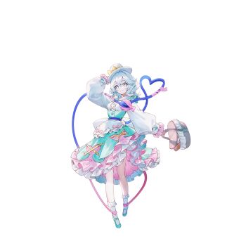 1girl alternate_costume alternate_eye_color alternate_hair_color alternate_headwear apron aqua_shoes basket blue_eyes blue_hair bobby_socks bow box closed_mouth clothing_cutout collared_shirt eyeball frilled_skirt frills full_body game_cg gift gift_box hand_on_headwear hat hat_bow heart heart-shaped_pupils heart_cutout heart_of_string highres holding holding_basket komeiji_koishi long_hair long_sleeves looking_at_viewer mary_janes non-web_source official_art pink_ribbon pink_skirt ribbon second-party_source shirt shoes skirt smile socks solo symbol-shaped_pupils third_eye touhou touhou_gensou_eclipse transparent_background u_u_zan waist_apron white_apron white_hat white_shirt white_socks yellow_bow