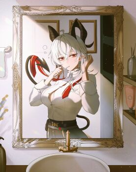 1girl absurdres ahoge bathroom black_horns black_pants black_tail breasts brushing_teeth button_gap collared_shirt commentary_request curled_horns demon_tail earrings hair_between_eyes highres horns indoors jewelry key_earrings large_breasts light_particles long_hair looking_at_viewer multicolored_hair necktie pants red_eyes red_necktie reflection shirt shirt_tucked_in sinonomemikann solo streaked_hair tail undone_necktie white_hair white_shirt wuthering_waves zani_(wuthering_waves)