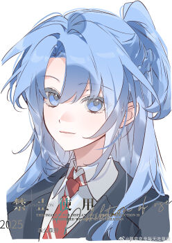 1girl character_request closed_mouth collared_shirt commentary_request copyright_request hair_bun highres jacket long_hair looking_at_viewer portrait senmesenye shirt solo upper_body