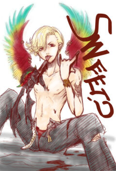 Rule 34 | 1boy, ?, \n/, ankh (ooo), belt buckle, bird, blonde hair, bracelet, buckle, chocolate, chocolate on body, earrings, english text, food, food on body, gesture, hawk, jewelry, kamen rider, kamen rider ooo (series), legs apart, male focus, monster hand, piercing, popsicle, red eyes, ring, shirtless male, tongue, topless male, torn clothes, unbuckled, underwear, underwear peek, unzipped, valentine, wavy hair, wing piercing, wings