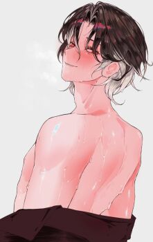 1boy bare_back blush breath brown_hair commentary english_commentary from_side grey_background grey_hair hair_between_eyes highres honkai:_star_rail honkai_(series) looking_at_viewer male_focus mr._reca_(honkai:_star_rail) multicolored_hair naked_shirt parted_lips red_eyes sanya_(sanya_lox228) shirt shirt_partially_removed short_hair simple_background smile solo sweat two-tone_hair upper_body very_sweaty