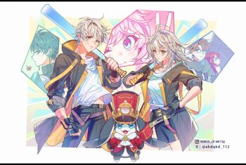 3boys 3girls :d ahdqkd_112 ahoge baseball_bat black_border black_coat black_gloves black_jacket blue_eyes bob_cut border caelus_(honkai:_star_rail) camera clenched_hand coat commentary_request curtained_hair dan_heng_(honkai:_star_rail) double-parted_bangs fingerless_gloves glasses gloves green_hair grey_hair hair_between_eyes hand_on_own_hip hat highres himeko_(honkai:_star_rail) holding holding_baseball_bat honkai:_star_rail honkai_(series) hood hooded_coat instagram_logo instagram_username jacket korean_commentary lapels leaf long_hair looking_at_viewer maple_leaf march_7th_(honkai:_star_rail) multicolored_eyes multiple_boys multiple_girls open_clothes open_coat open_mouth parted_bangs pink_hair pom-pom_(honkai:_star_rail) red_hair red_hat shako_cap shirt short_hair sidelocks smile stelle_(honkai:_star_rail) t-shirt tied_jacket trailblazer_(honkai:_star_rail) twitter_username twitter_x_logo two-sided_coat two-sided_fabric two-sided_jacket two-tone_eyes v welt_yang white_shirt yellow_coat yellow_eyes