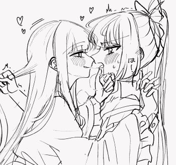 2girls after_kiss blush bow collared_shirt commentary_request drooling eye_contact frilled_sleeves frills fujiwara_no_mokou greyscale hair_bow hand_on_another&#039;s_chin heart highres holding_another&#039;s_hair holding_hands houraisan_kaguya interlocked_fingers long_sleeves looking_at_another monochrome multiple_girls ponytail saliva saliva_trail shirt sketch tamiko_(tamik0224) touhou translation_request trembling wide_sleeves yuri