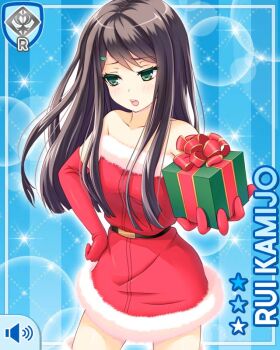 Rule 34 | 1girl, bare shoulders, black hair, blue background, box, card (medium), character name, dress, elbow gloves, embarrassed, gift, gift box, girlfriend (kari), gloves, green eyes, hair ornament, hairpin, hand on own hip, holding, holding gift, kamijo rui, long hair, miniskirt, official art, qp:flapper, red gloves, santa costume, santa dress, short dress, skirt, solo, standing, thighs