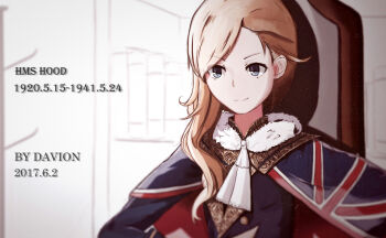 1girl absurdres artist_name ascot azur_lane blonde_hair blue_capelet blue_eyes capelet character_name dated dress earrings frilled_ascot frills hair_over_shoulder highres hood_(azur_lane) jewelry lock_(pixiv25152774) smile solo union_jack union_jack_print