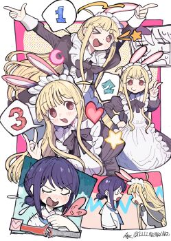 Rule 34 | 2girls, ;d, \m/, absurdres, ahoge, alternate costume, animal ears, apron, arms up, black bow, black bowtie, black dress, blonde hair, blush, border, bow, bowtie, c:, chinese commentary, cho kaguya-hime!, closed eyes, closed mouth, commentary request, dress, enmaided, finger gun, frilled apron, frills, hair bun, hand on own hip, heart, heart out of chest, highres, juliet sleeves, kaguya (cho kaguya-hime!), llllwewewe, long sidelocks, long sleeves, maid, maid apron, maid headdress, multiple girls, multiple views, nose blush, one eye closed, open mouth, pointing, puffy sleeves, purple hair, rabbit ears, sailor collar, sakayori iroha, school uniform, serafuku, shirt, short hair, sidelocks, single hair bun, slit pupils, smile, speech bubble, spoken number, star (symbol), translation request, twitter username, u u, v, v-shaped eyebrows, white apron, white border, white sailor collar, white shirt, yellow background