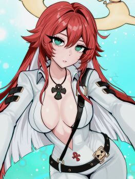 1girl absurdres belt black_belt blue_background bodysuit breasts center_opening commentary cowboy_shot cross cross_necklace double-parted_bangs english_commentary green_eyes guilty_gear guilty_gear_strive hair_between_eyes halo highres jack-o'_valentine jewelry junoelise161 large_breasts long_hair looking_at_viewer necklace red_hair smile solo white_bodysuit yellow_halo