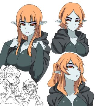 1boy 2girls agitha alternate_hairstyle black_skin breasts cloak colored_sclera colored_skin commentary_request eyeshadow highres hood hooded_cloak large_breasts link long_hair makeup midna midna_(true) multicolored_skin multiple_girls multiple_views nasu_(ilo_a5) nintendo orange_hair pointy_ears ponytail purple_eyeshadow red_eyes short_hair smile the_legend_of_zelda the_legend_of_zelda:_twilight_princess two-tone_skin white_background yellow_sclera