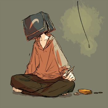 1boy bag bag_on_head black_pants coin collarbone commentary_request grey_background grey_hoodie handbag holding hood hoodie male_focus original pants solo yukitake_(bullfalk)