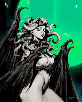1girl berserk black_corset breasts circle completely_nude corset covered_erect_nipples demon_girl demon_wings green_eyes greyscale groin highres large_breasts long_hair looking_at_viewer monochrome nude pink_background slan_(berserk) slit_pupils solo sparkle tentacle_hair wings yonahx