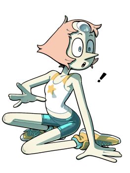 1girl alternate_costume breasts casual discount-supervillain forehead_jewel gem gem_(steven_universe) highres open_mouth pale_skin pearl_(gemstone) pearl_(species)_(steven_universe) pearl_(steven_universe) pointy_nose shirt short_hair skinny small_breasts solo star_(symbol) steven_universe