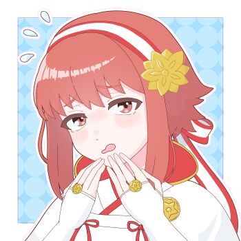 1girl blue_background blush border commentary_request embarrassed fire_emblem fire_emblem_fates flying_sweatdrops hairband hands_up highres japanese_clothes kasyo_2501 looking_at_viewer nintendo open_mouth outside_border red_eyes red_hair sakura_(fire_emblem) short_hair shy simple_background solo white_border white_hairband