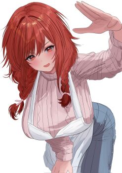 1girl alternate_hairstyle apron blush braid breasts commentary dodo1792295 english_commentary goddess_of_victory:_nikke highres large_breasts long_hair looking_at_viewer official_alternate_design pink_sweater rapi_(nikke) rapi_(red_hood)_(nikke) red_eyes red_hair ribbed_sweater smile solo sweater turtleneck turtleneck_sweater twin_braids white_apron