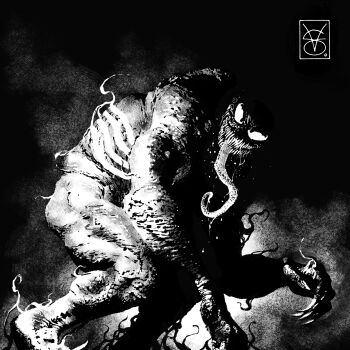 1boy commentary dark english_commentary fingernails highres horror_(theme) long_tongue looking_at_viewer male_focus marvel monochrome monster_boy muscular muscular_male no_pupils pen_(medium) sharp_fingernails sharp_teeth solo spider-man_(series) symbiote teeth tongue traditional_media valerio_giangiordano venom_(marvel) very_long_tongue