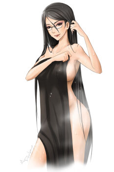 Rule 34 | 1girl, absurdly long hair, after bathing, bayonetta, bayonetta (series), black hair, breasts, brown eyes, cowboy shot, darika-art, eyeshadow, female focus, glasses, hair down, highres, hip focus, lipstick, long hair, looking at viewer, makeup, mole, mole under mouth, nude, paintze, signature, simple background, smile, solo, steam, towel, very long hair, wet, white background