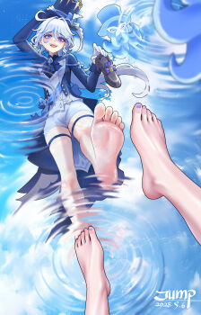 1girl absurdres barefoot blue_eyes feet furina_(genshin_impact) genshin_impact highres huahuaren_jump light_blush long_hair looking_at_viewer open_mouth reflection reflective_water shoes single_shoe soles toes unworn_shoes