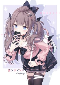 1girl backpack bag bandaged_fingers bandages black_bow black_nails black_skirt black_thighhighs blue_eyes border bow breasts brown_hair cellphone cleavage comiket_107 commentary_request covered_mouth drop_shadow hair_bow hair_ornament hair_over_shoulder hairclip highres holding holding_phone leaning_forward long_hair long_sleeves looking_at_viewer medium_breasts nail_polish nyanya original phone pink_shirt pleated_skirt puffy_long_sleeves puffy_sleeves purple_background sailor_collar shirt skirt solo sparkle stuffed_animal stuffed_toy teddy_bear thighhighs twintails twitter_username white_border white_sailor_collar x_hair_ornament