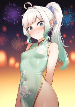 Rule 34 | @ @, absurdres, ahoge, arms behind back, blue eyes, breasts, china dress, chinese clothes, cipher4109, densetsu.exe, dress, fireworks, gradient hair, green dress, green hair, heart, highres, hip focus, mint fantome, multicolored hair, pointy ears, ponytail, sidelocks, small breasts, tight clothes, virtual youtuber, white hair, wide-eyed