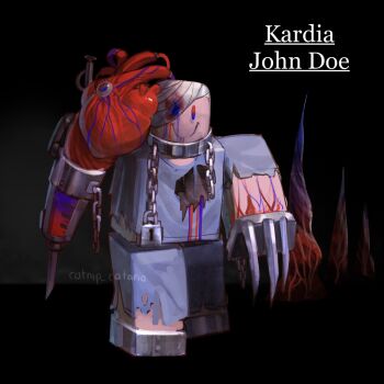 alternate_costume ankle_cuffs bald bandaged_head bandages bleeding blood blood_stain blue_eyes catnip_cataria chain character_name claw_(weapon) collar concept_art forsaken_(roblox) heart_(organ) highres holding holding_syringe hole_in_chest hole_on_body hospital_gown john_doe_(roblox) one_eye_covered prosthesis prosthetic_arm roblox smile syringe torn_clothes walking walking_towards_viewer weapon