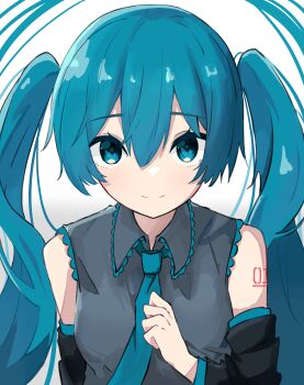 1girl absurdres aqua_eyes aqua_hair aqua_necktie auhuheben17 black_sleeves blue_theme detached_sleeves grey_shirt hair_between_eyes hatsune_miku highres long_hair looking_at_viewer necktie number_tattoo shirt sleeveless sleeveless_shirt solo tattoo twintails upper_body very_long_hair vocaloid