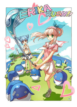 2girls :q ankle_socks archived_source arms_at_sides bad_link bandaid bikini bird black_eyes blue_background blue_hair blush_stickers border breast_pocket bridge character_name character_request closed_eyes closed_mouth cloud collared_shirt cross-laced_shoes day dolfini_(pangya) drooling english_text fangs foreshortening glasses golf_club golf_course grass green_eyes hair_tie hairband hana_(pangya) heart heart_bikini holding holding_golf_club island jewelry knee_blush knees_apart_feet_together lighthouse lola_(pangya) midriff miniskirt mouth_drool multiple_girls navel neckerchief necklace ocean open_mouth outdoors palm_tree pangya penguin pince-nez pink_hair pink_shirt pink_sleeves pinstripe_pattern pleated_skirt pocket ponytail red_eyes sailor_collar shirt shoes short_sleeves sidelocks signature skirt sneakers socks solid_circle_eyes sportswear standing striped_clothes striped_hairband sun swimsuit tiv tongue tongue_out tree twintails waves white_bikini white_border white_neckerchief white_sailor_collar white_shoes white_skirt white_socks wooden_bridge yellow-framed_eyewear