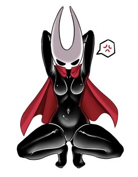 1girl annoyed arms_behind_head arms_up black_bodysuit bodysuit breasts cape covered_navel female_focus full_body hollow_knight hollow_knight:_silksong hornet_(hollow_knight) nagamma red_cape simple_background small_breasts solo squatting tiptoes white_background