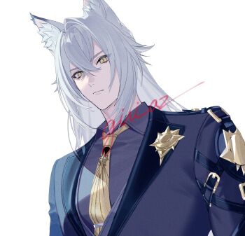 Rule 34 | 1boy, animal ear fluff, animal ears, artist name, black jacket, cat boy, cat ears, closed mouth, colored tips, commentary request, crossed bangs, gr giri, grey shirt, hair between eyes, jacket, long hair, male focus, multicolored hair, necktie, police badge, severian lowell, shirt, simple background, solo, upper body, white background, white hair, yellow eyes, yellow necktie, zenless zone zero