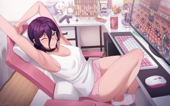 1girl absurdres armpits arms_up black_choker blush book breasts chainsaw_man chair choker closed_mouth collarbone computer computer_keyboard computer_mouse cup dandadan doodlebob dr_pepper explosive family_guy fox_(minecraft) from_above from_side green_eyes hair_between_eyes hair_bun highres indoors looking_at_viewer manga_(object) medium_breasts medium_hair minecraft monitor mousepad_(object) no_bra office_chair on_chair one_eye_closed pink_shorts pink_socks purple_hair rappa_(sirrappa) reze_(chainsaw_man) rgb_lights shorts shoto_(vtuber) sitting smile socks solo spongebob_squarepants_(series) swivel_chair table tank_top thighs tissue tissue_box tnt tnt_block_(minecraft) tonari_no_totoro totoro two-tone_socks villager_(minecraft) white_carpet white_socks white_tank_top wooden_floor