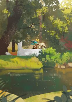 1boy absurdres aqua_tunic black_cloak blonde_hair blurry blurry_foreground boots ckkustar cloak full_body grey_pants highres hood hood_down horse horseback_riding link male_focus nintendo outdoors pants ponytail riding ruins short_ponytail the_legend_of_zelda the_legend_of_zelda:_breath_of_the_wild tree tunic water