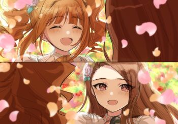 2girls :d ^_^ brown_eyes brown_hair child closed_eyes facing_another floating_hair highres holding holding_microphone idolmaster idolmaster_(classic) long_hair looking_at_another microphone minase_iori multiple_girls open_mouth orange_hair petals short_twintails smile split_screen takatsuki_yayoi twintails yaegashi_(yegs1227)